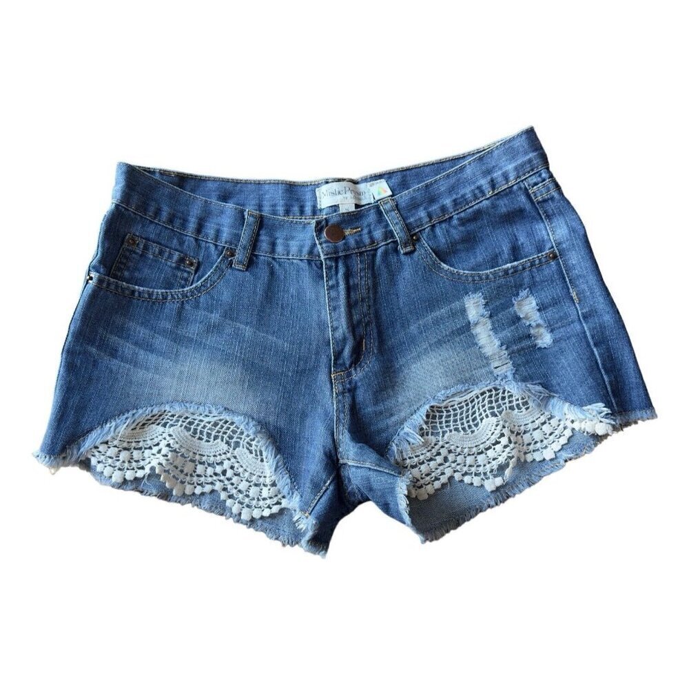 Mistic Prysm by Listicle Blue Denim Lace Distressed Shorts Women's Sz S